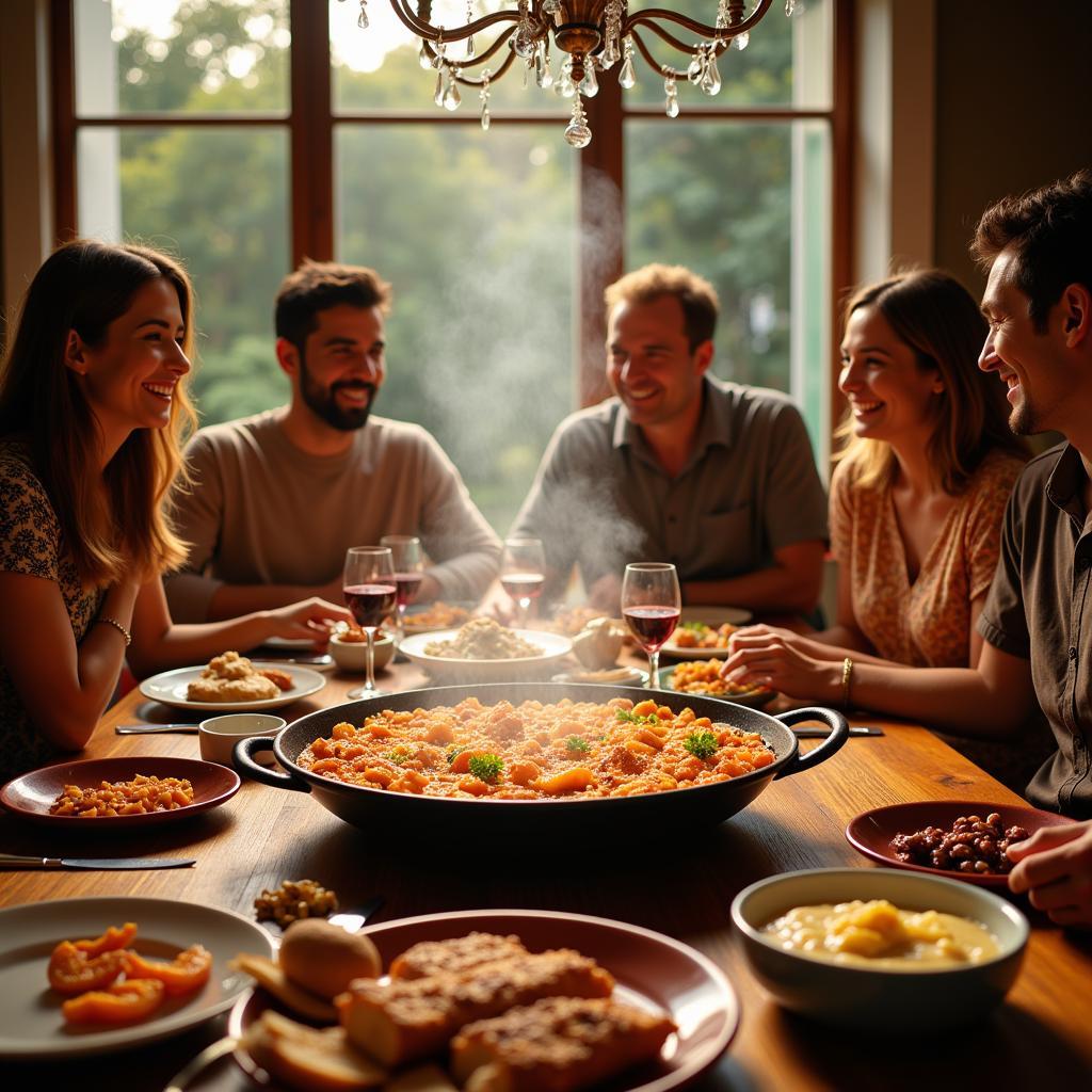 A Spanish Family Enjoying Paella Dinner