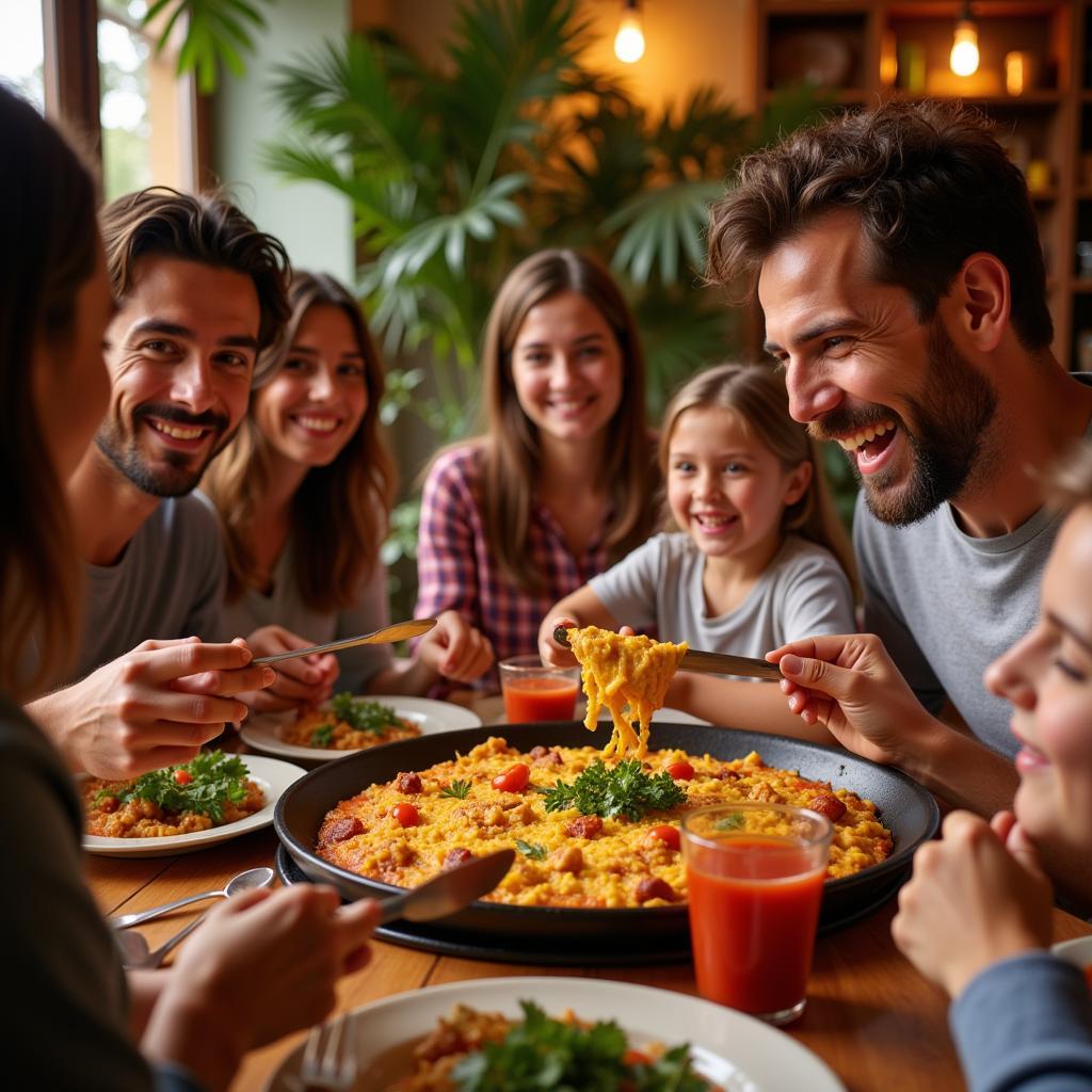 Family enjoying paella dinner in Spain