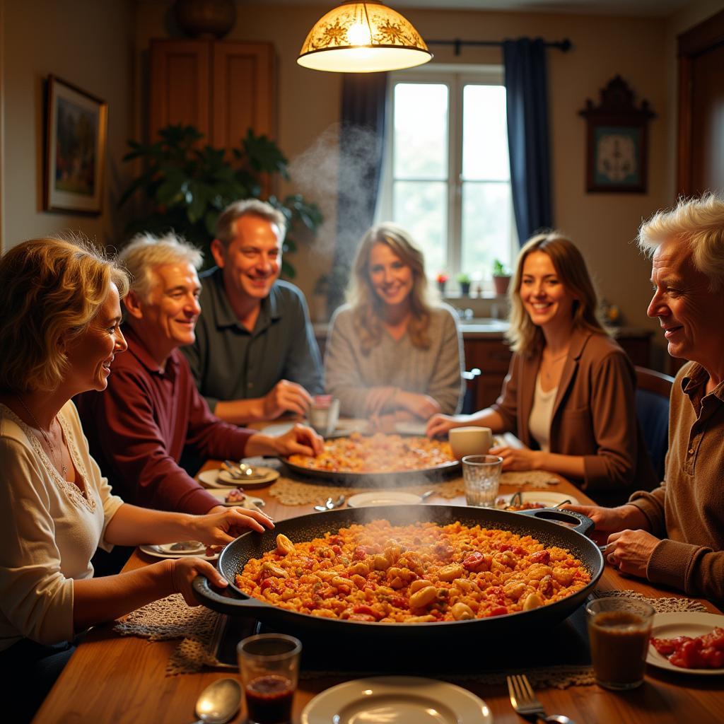 A Spanish family enjoying a traditional paella dinner