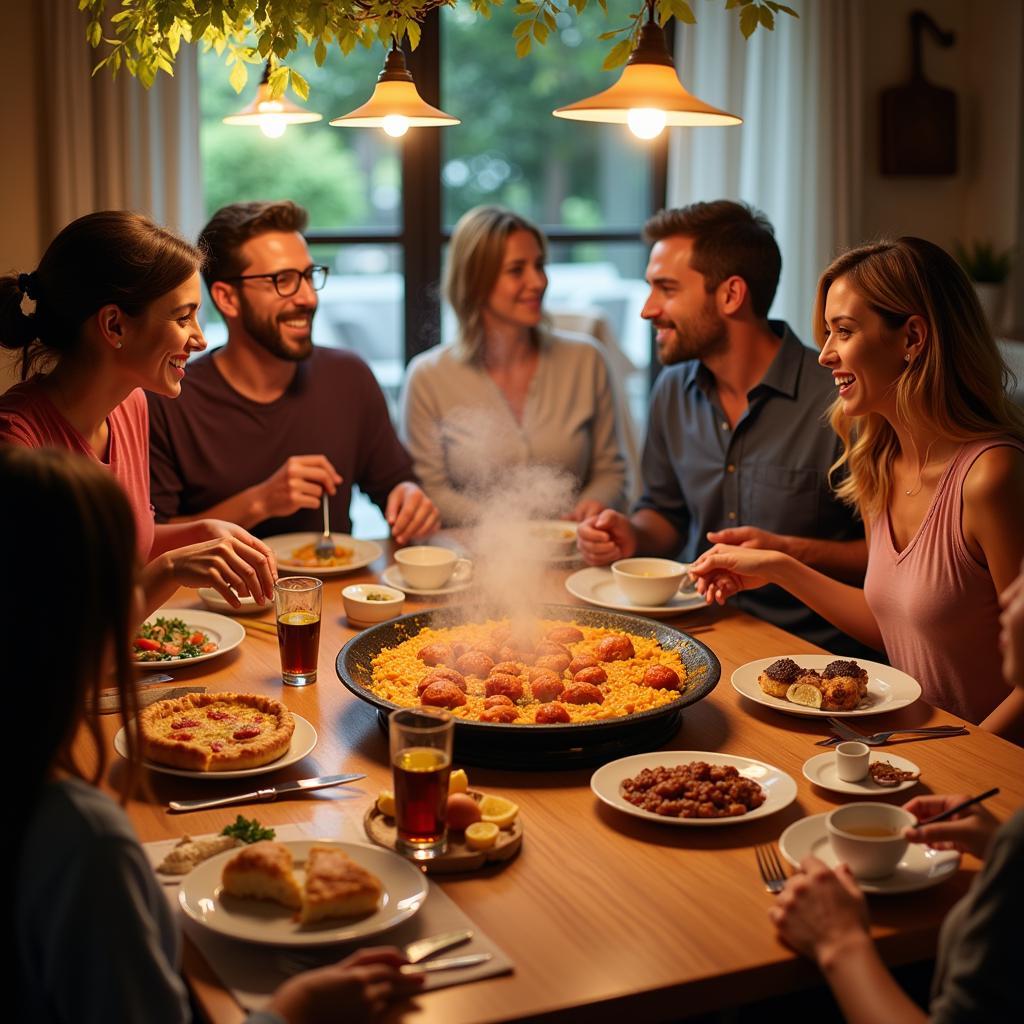 Family enjoying paella dinner in a shared home in Spain