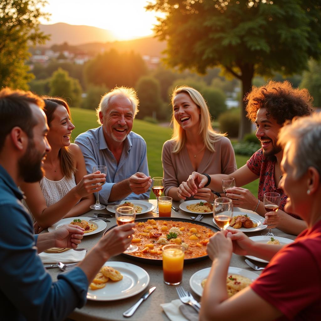 Family Enjoying Paella Dinner in Spain