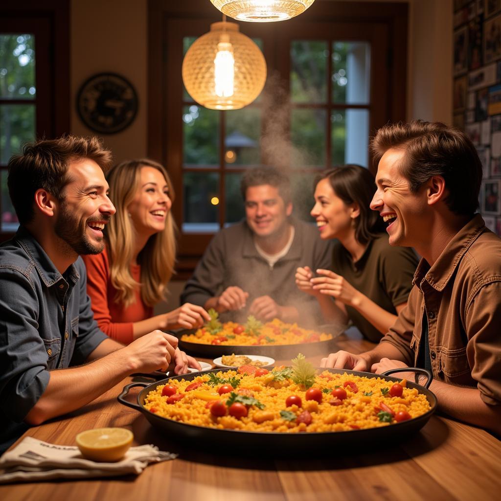 A Spanish family enjoying a traditional paella dinner