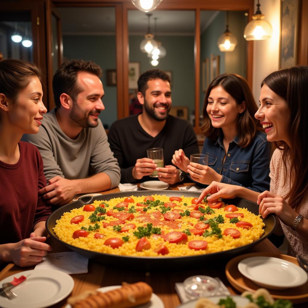 Family enjoying paella dinner in Spain