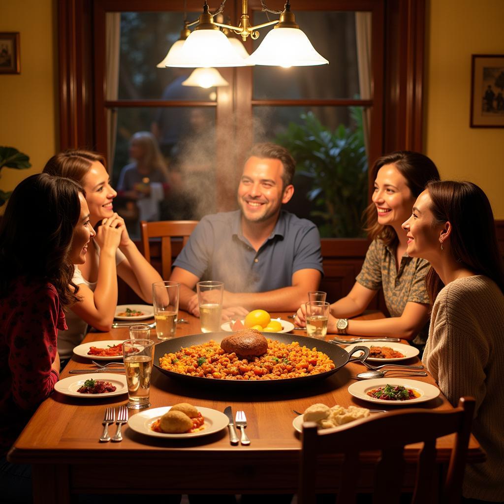 Family enjoying paella dinner in a Spanish home