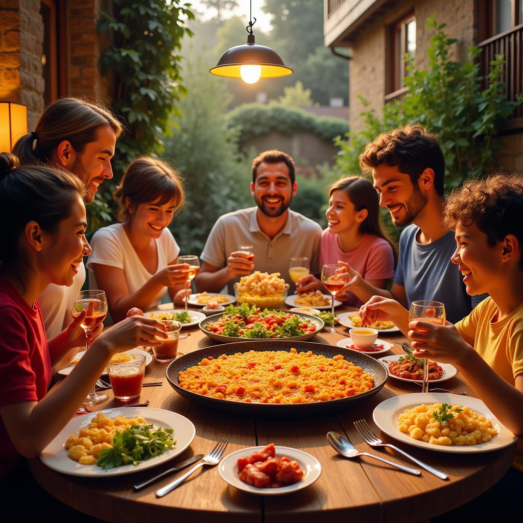 Family enjoying paella dinner in Spain