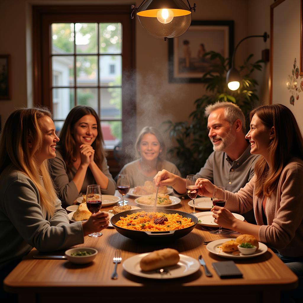  A Spanish family enjoying a traditional paella dinner together in their home 