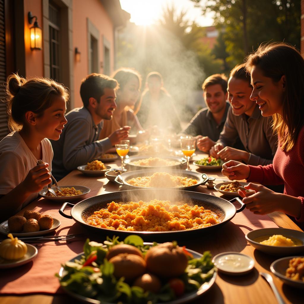 Family enjoying paella dinner in Spain