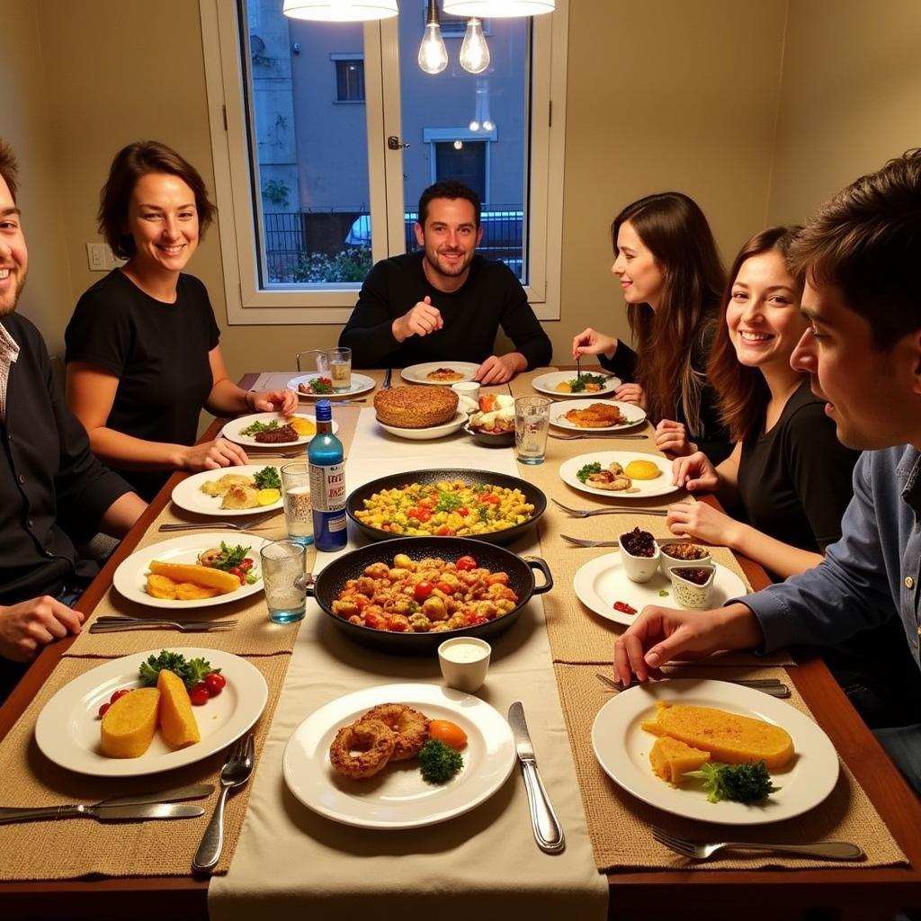 Enjoying a traditional paella dinner with a local Spanish family