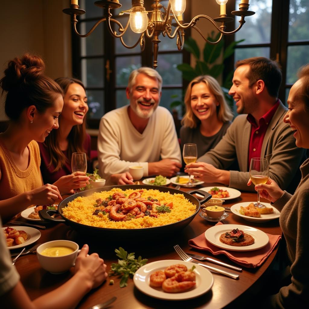 Spanish Family Sharing Paella Dinner