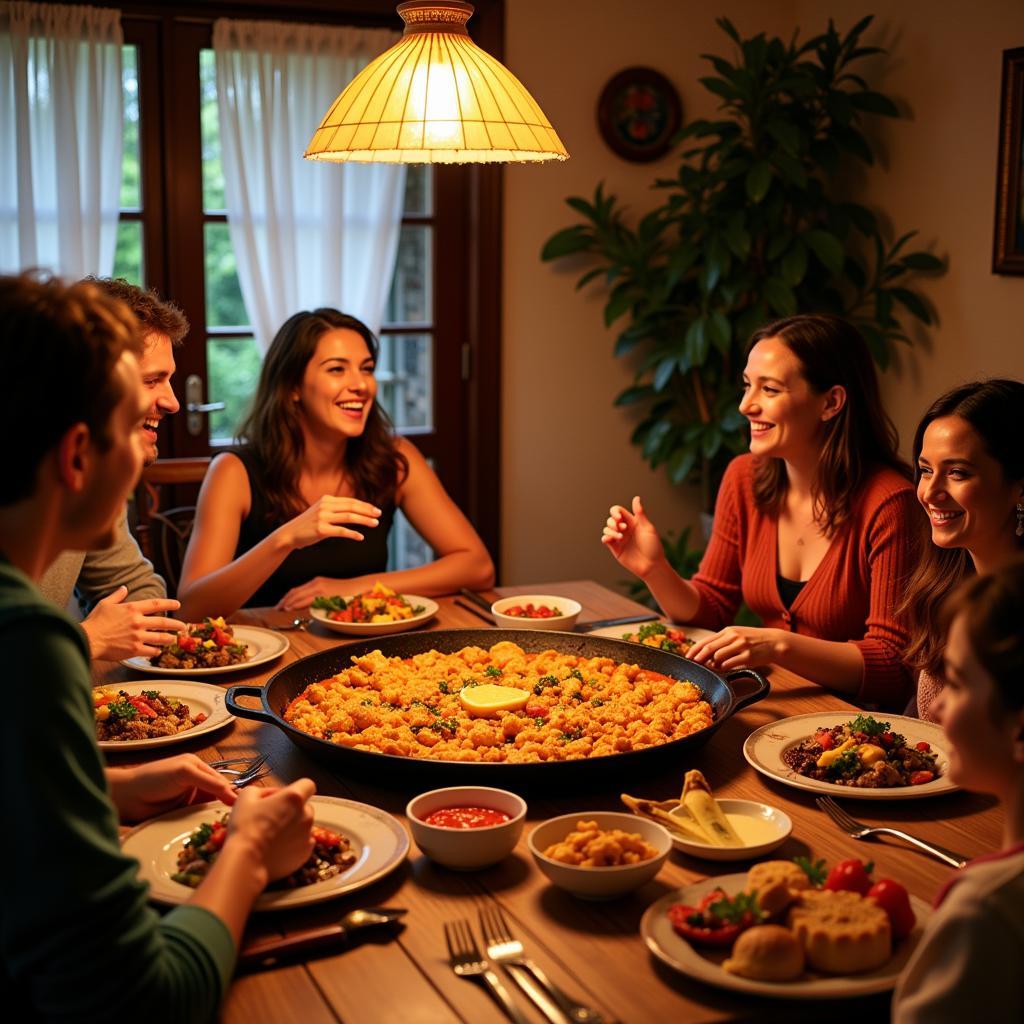 A Spanish family enjoys a traditional paella dinner with their guests