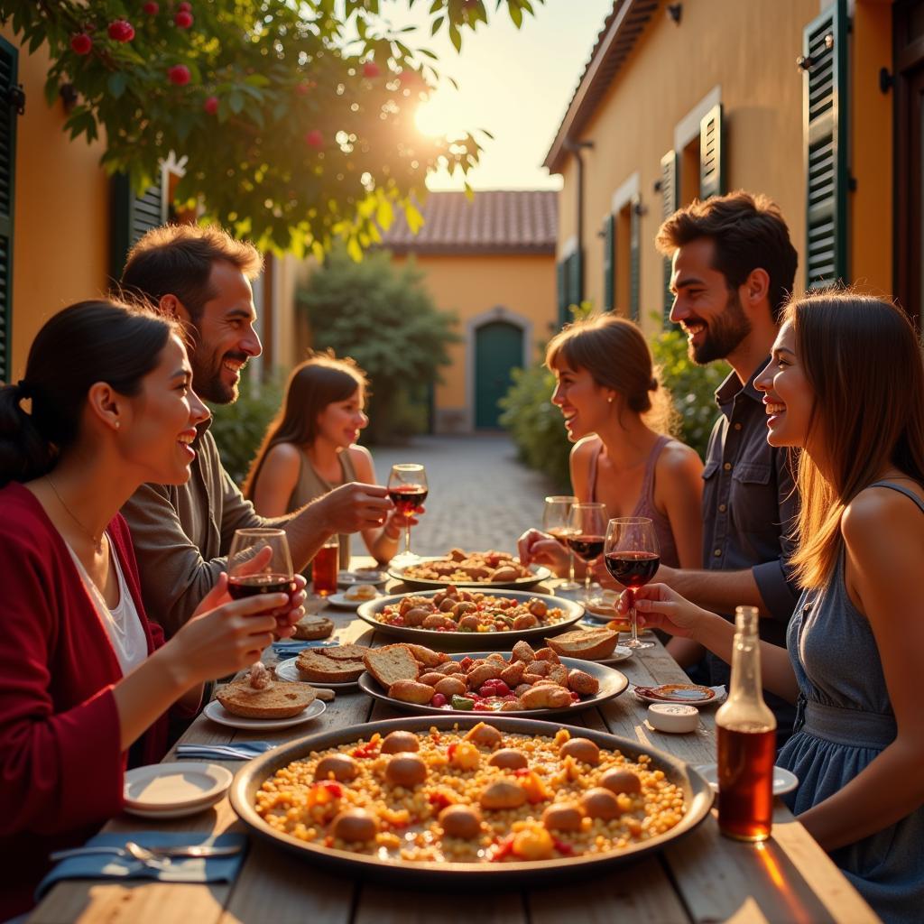 Family enjoying paella dinner in a Spanish courtyard