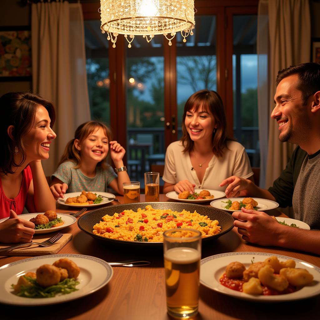 Family enjoying paella dinner in a Spanish home