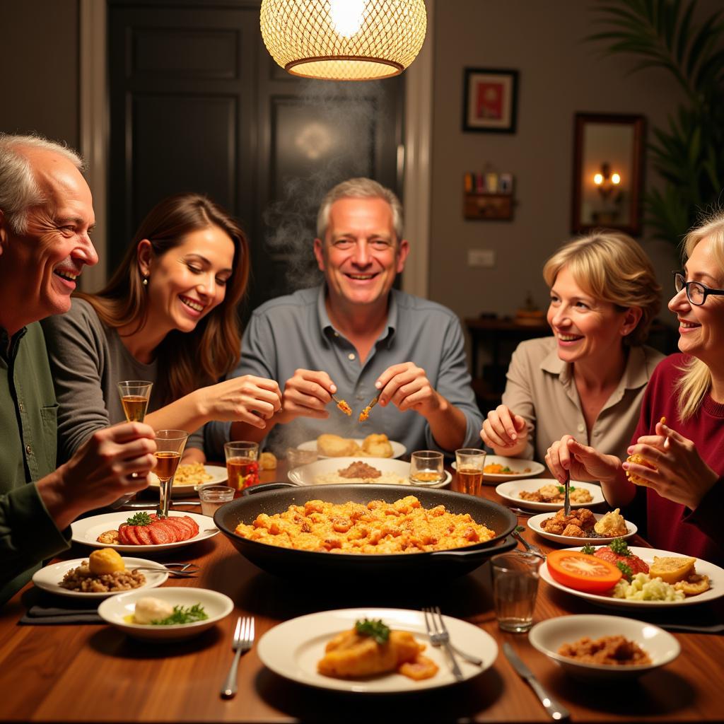 A Spanish family enjoying a traditional paella dinner