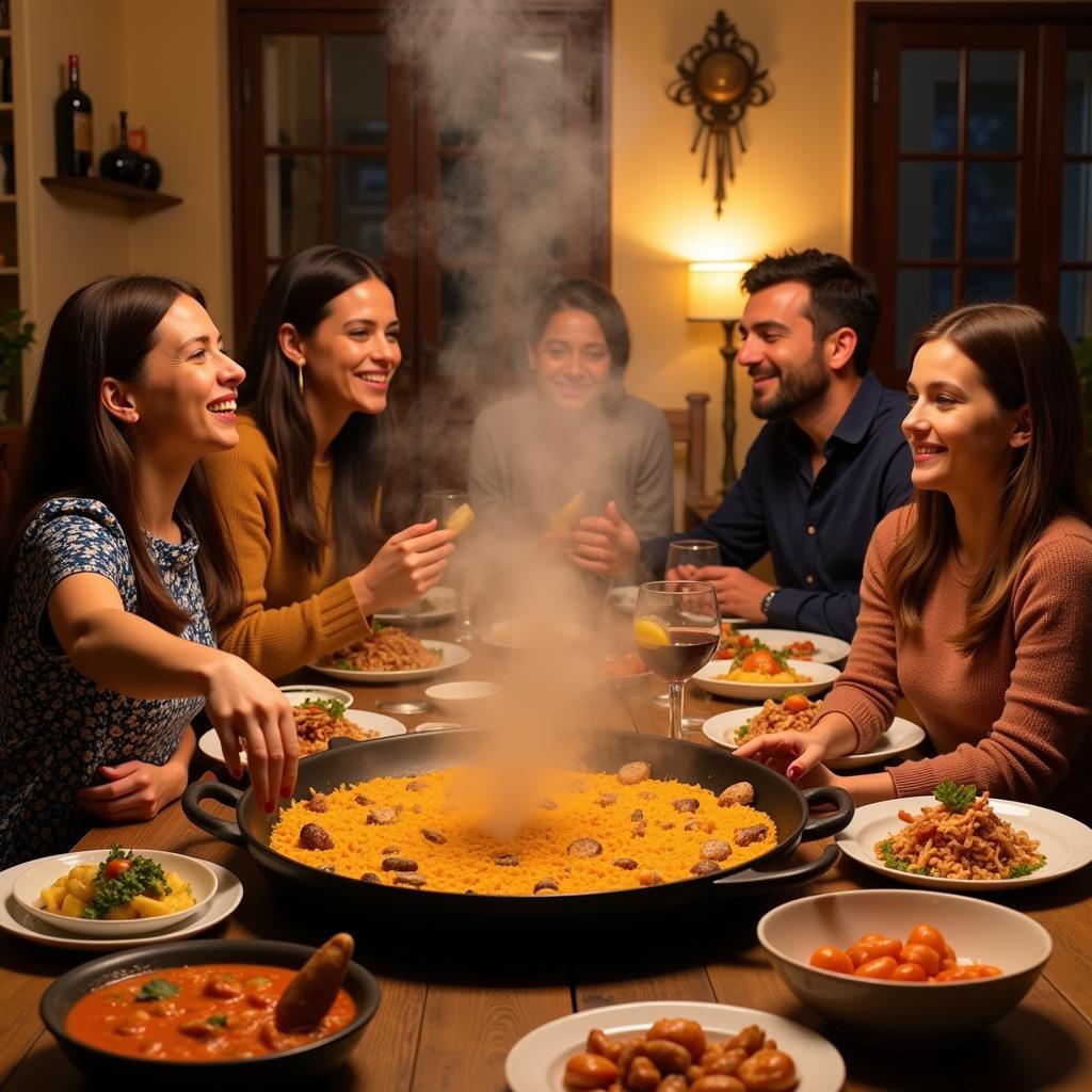 Family enjoying paella dinner in Spain