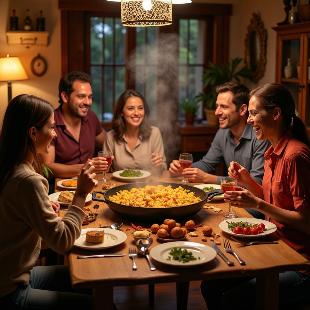 Spanish Family Enjoying Paella Dinner