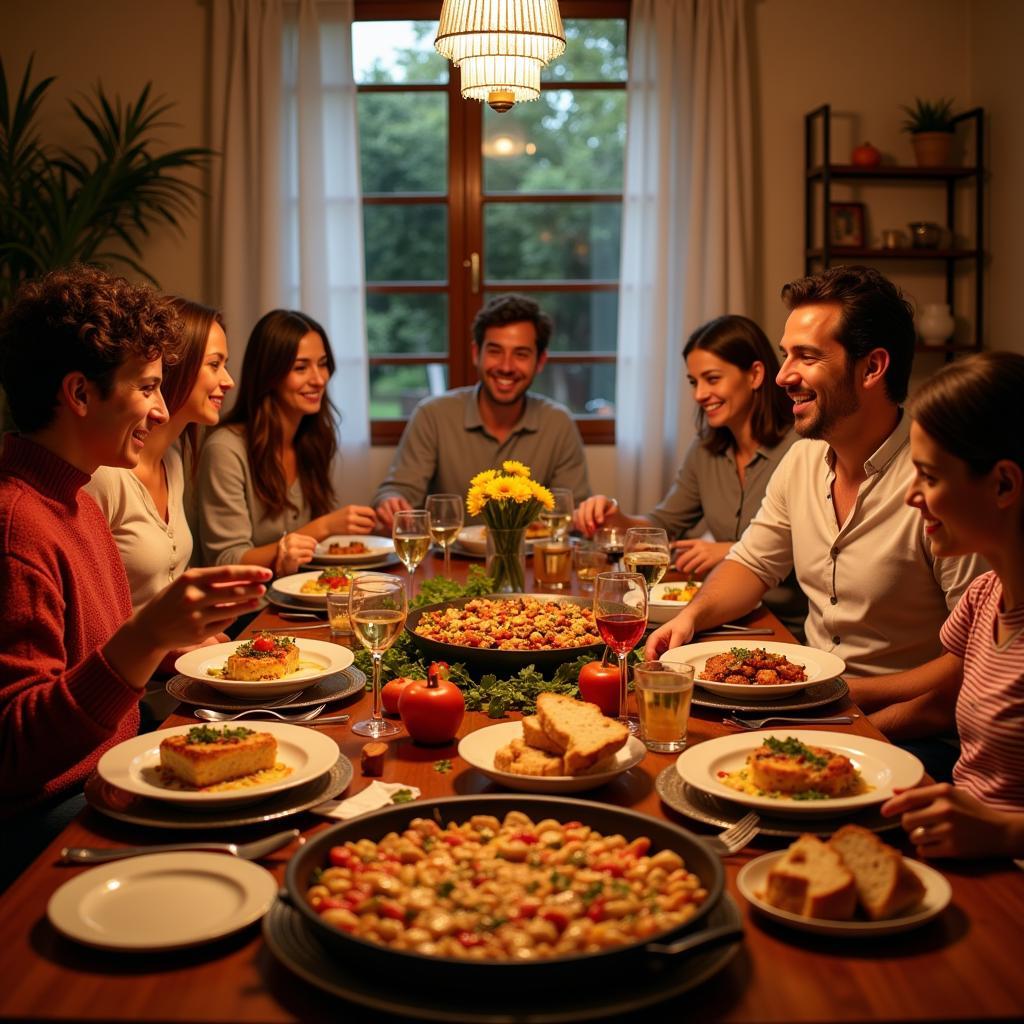 Family Paella Dinner in a Spanish Home