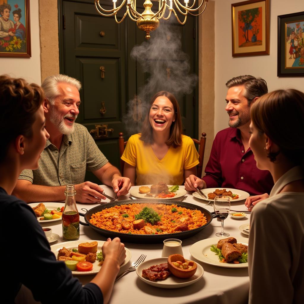 Family enjoying Paella dinner in a Spanish homestay