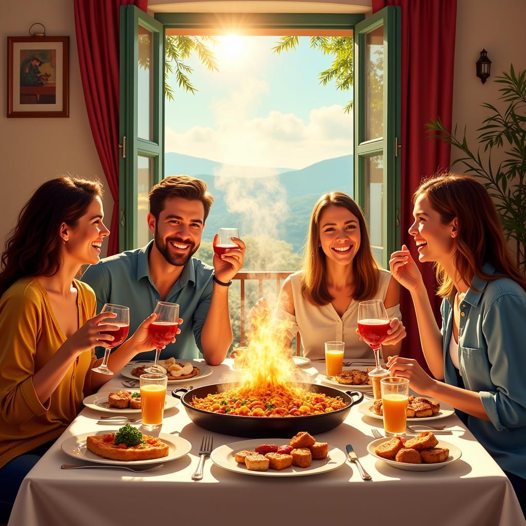 Family enjoying paella lunch in a Spanish home