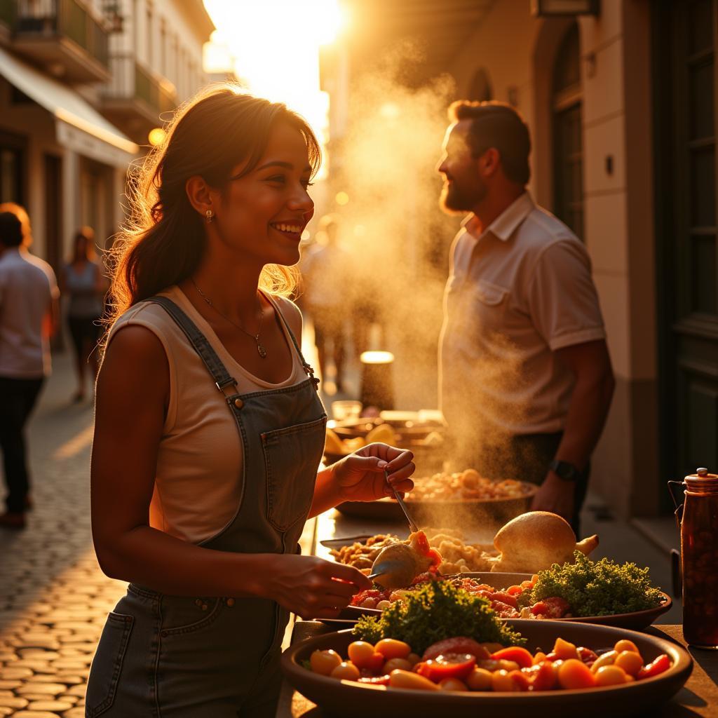 A Spanish family gathers around a table laden with colorful tapas and a steaming paella pan, their laughter and conversation blending with the sounds of the bustling marketplace outside.