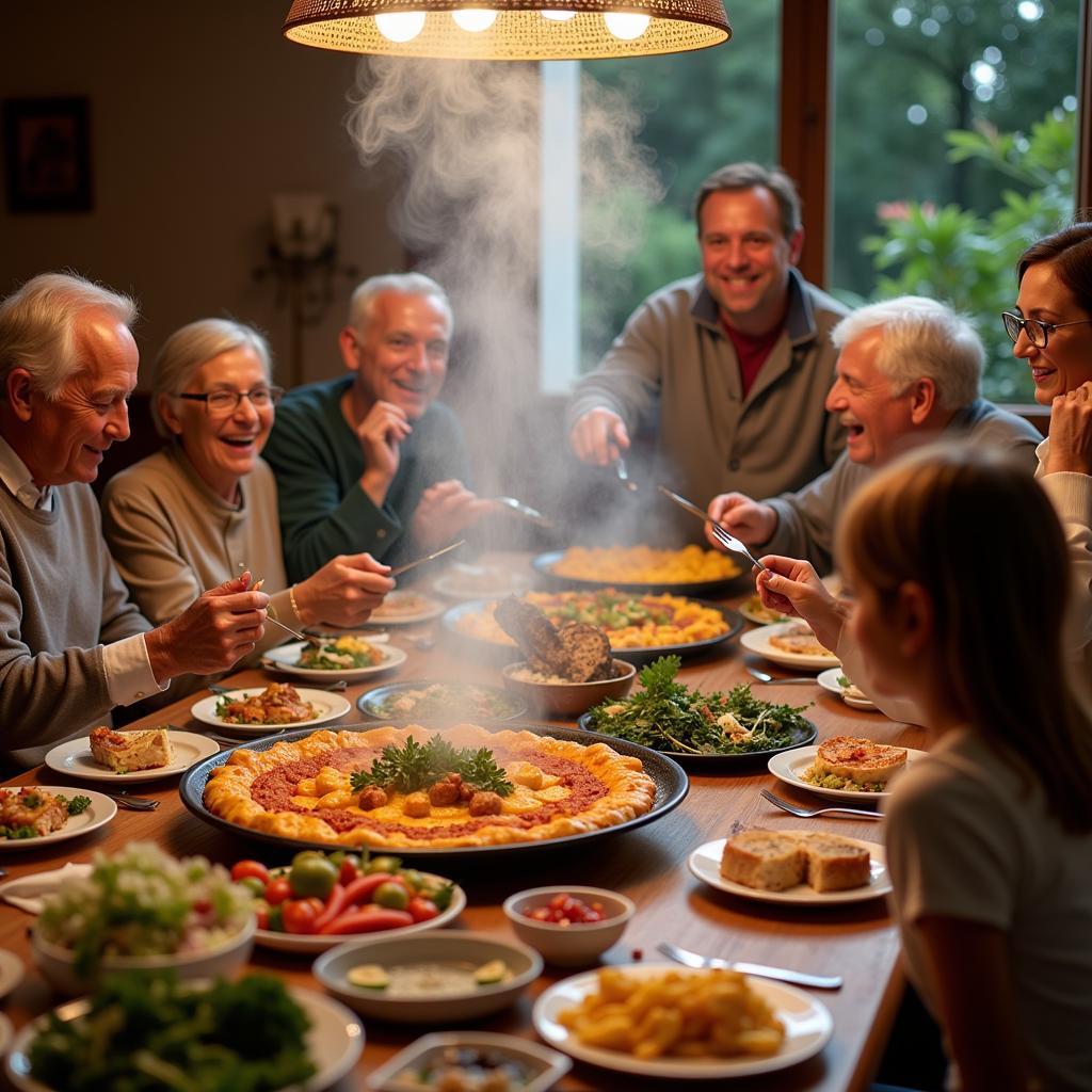 A Spanish family enjoying paella lunch