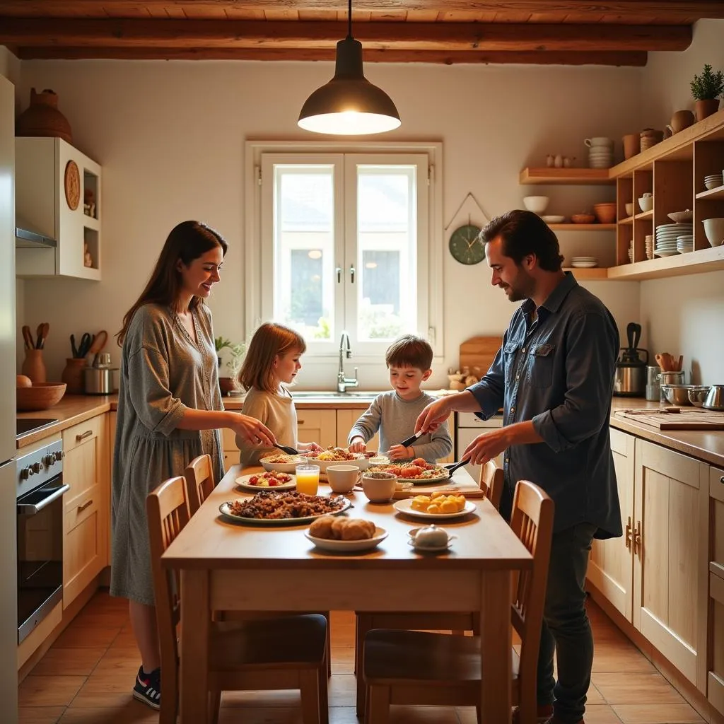 Spanish Family Preparing Breakfast in a Montessori-Inspired Kitchen