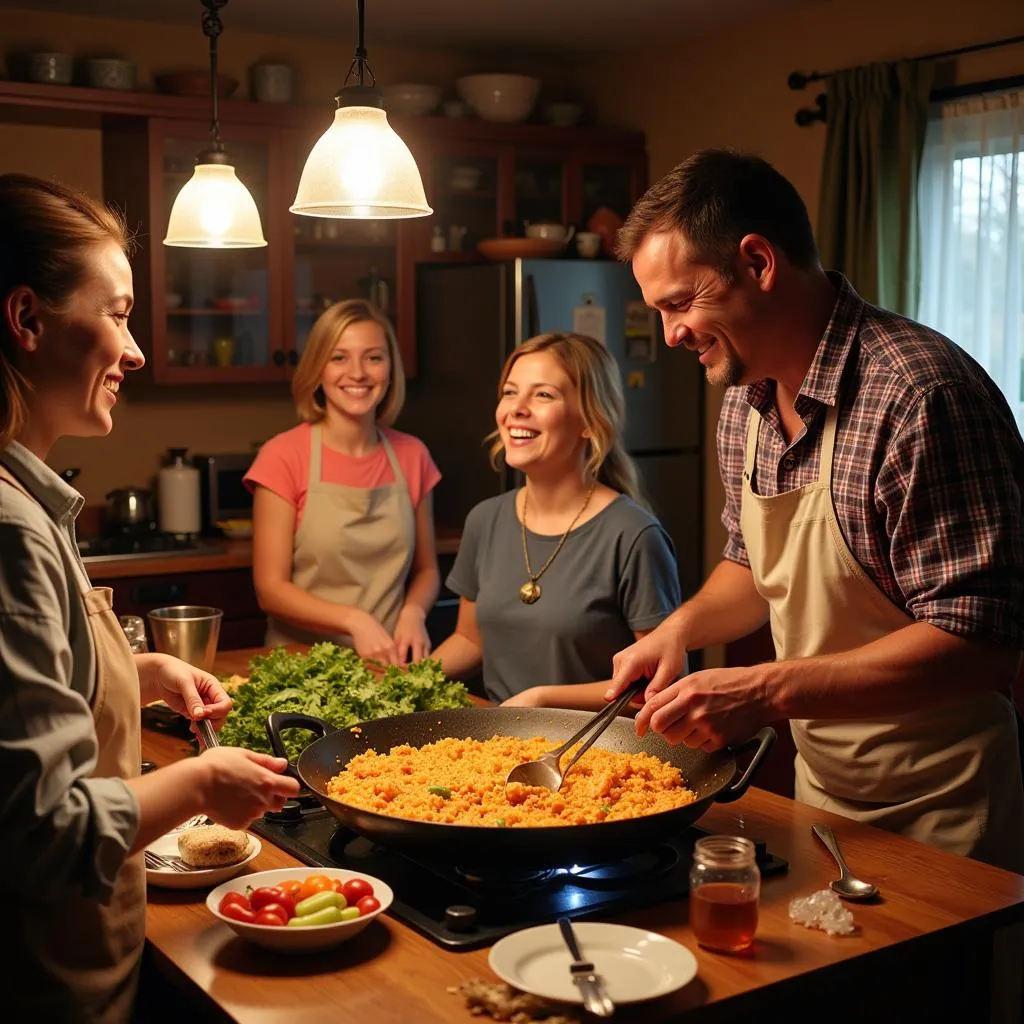 A Spanish family prepares paella in their home kitchen