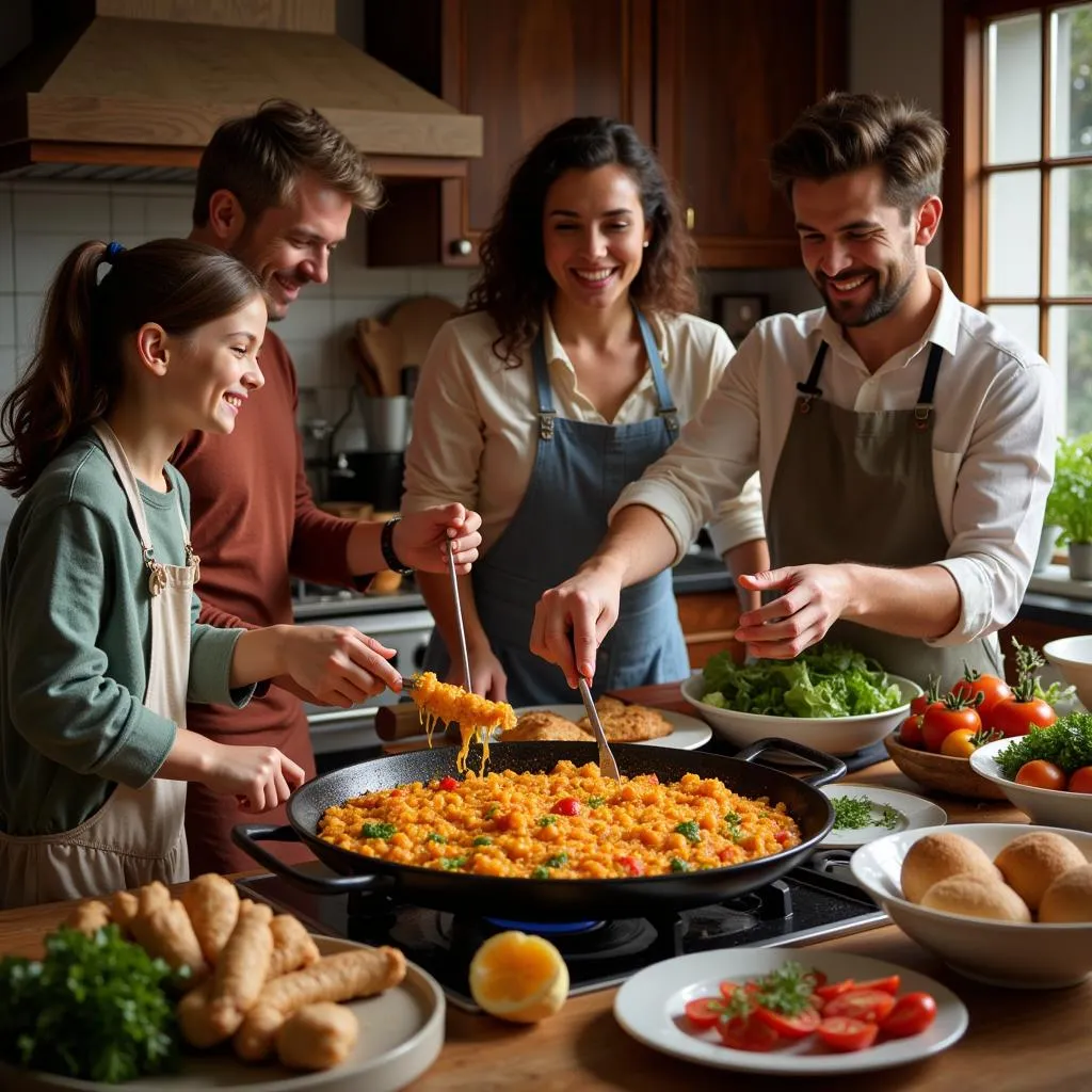 A Spanish family smiles while preparing paella in their home kitchen