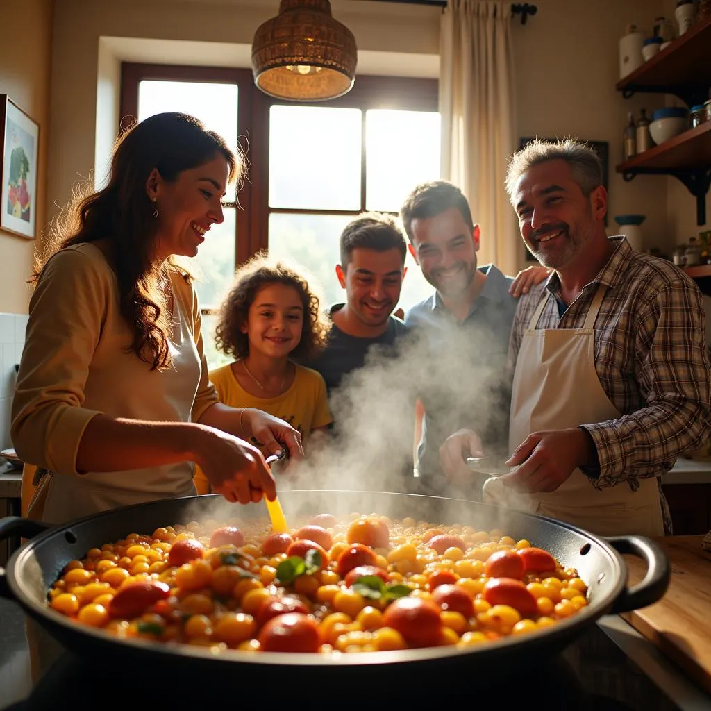 A Spanish family smiles as they prepare a traditional paella, showcasing the warmth and generosity of Spanish hospitality