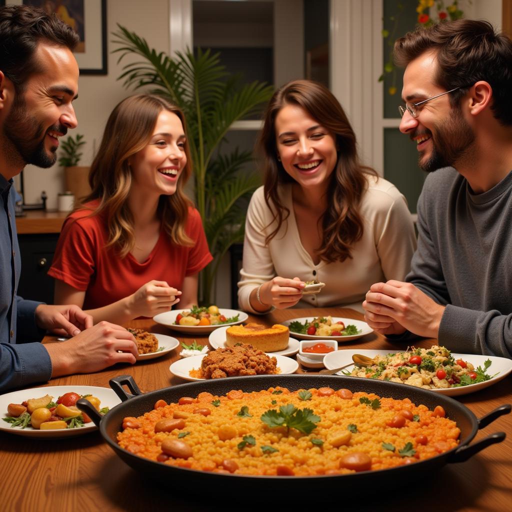 Spanish Family Enjoying Paella Together