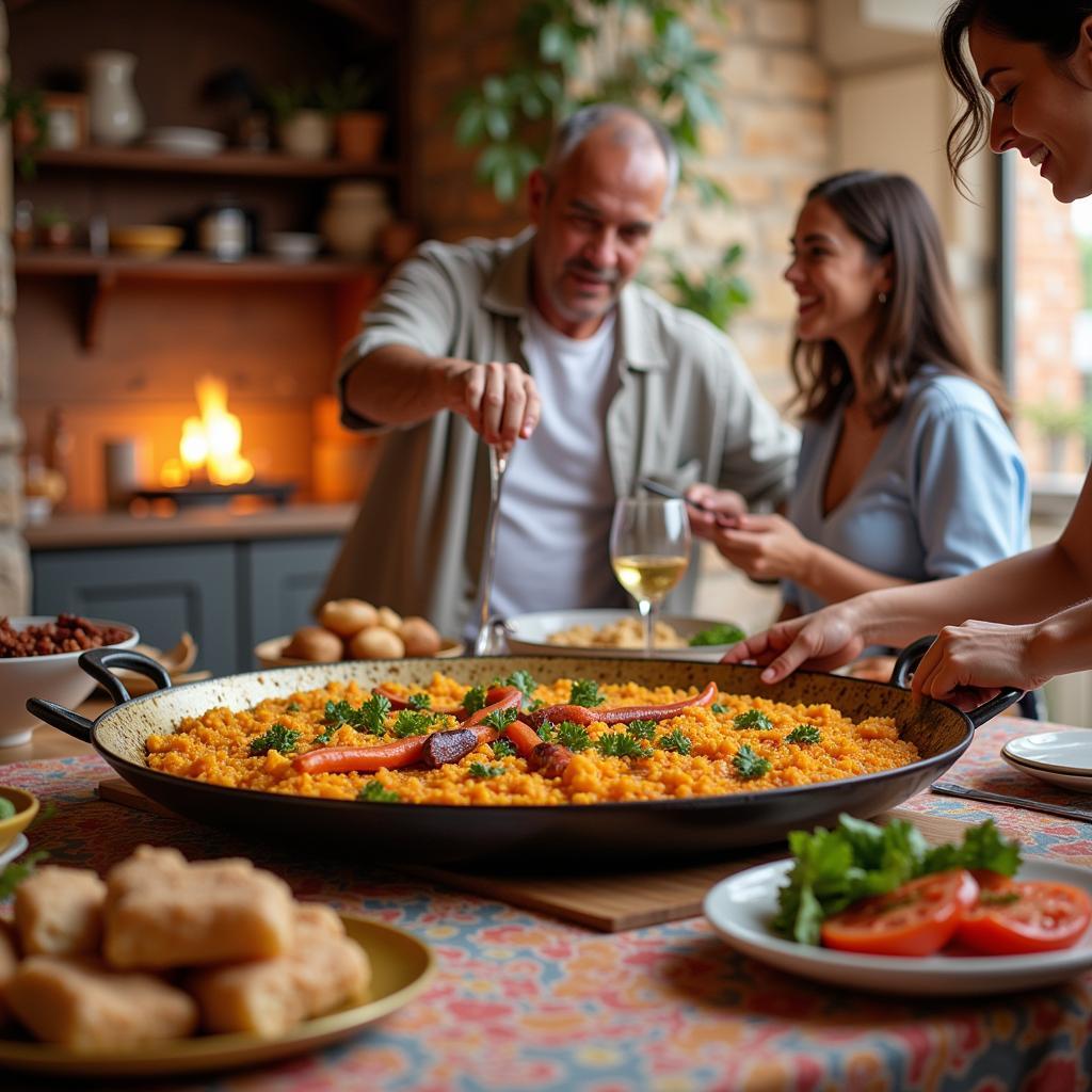 A multi-generational Spanish family gathered in a kitchen, laughing and preparing a large paella pan over a stove.