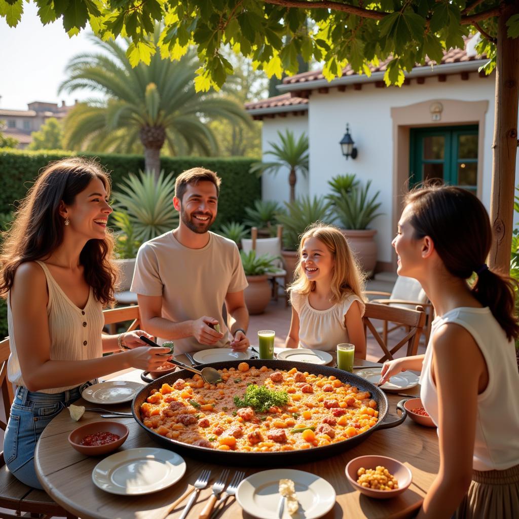 Family Enjoying Paella in Spain