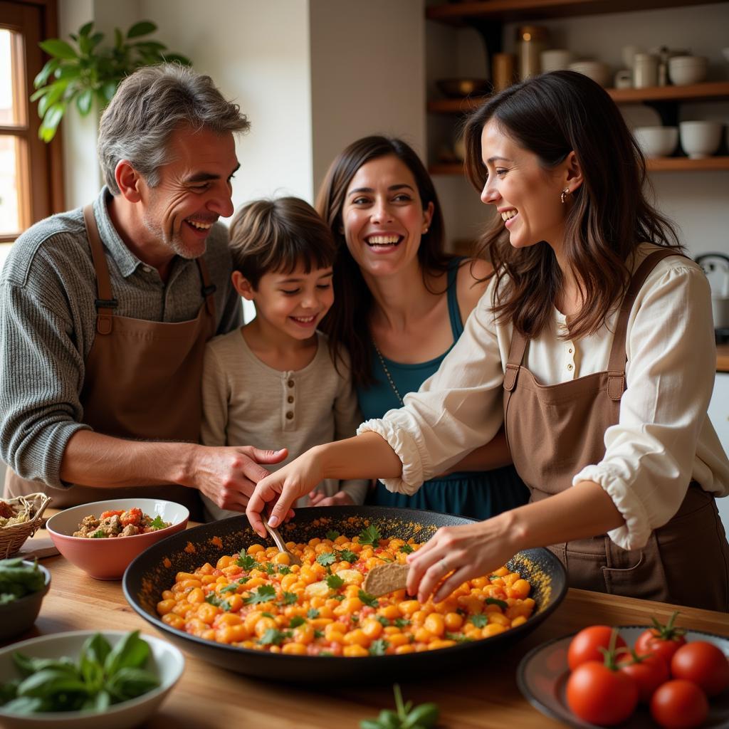 A Spanish family preparing paella together in a cozy kitchen