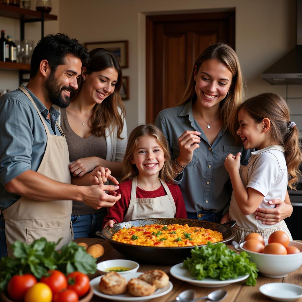 Spanish Family Preparing Paella Together