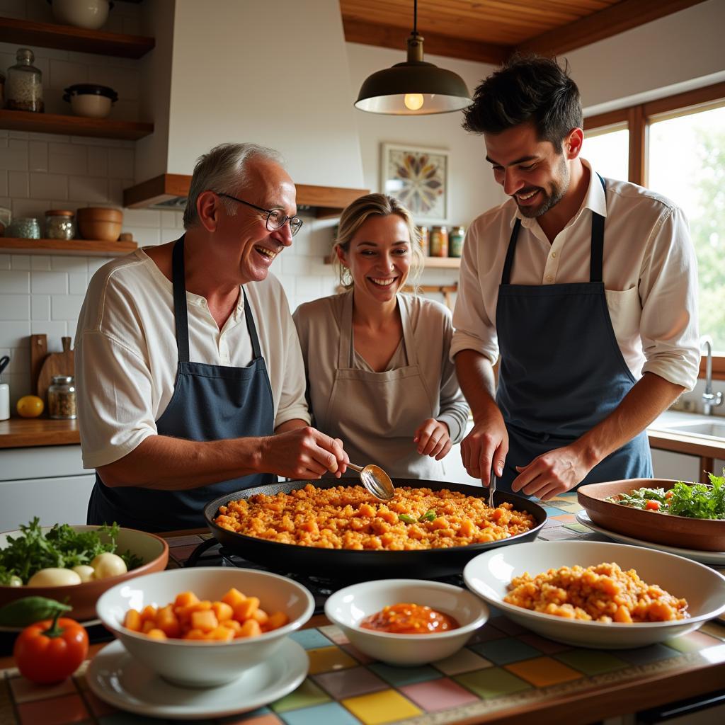 Family preparing paella in a sunny Spanish kitchen