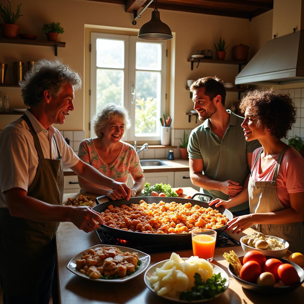 Spanish family preparing paella together