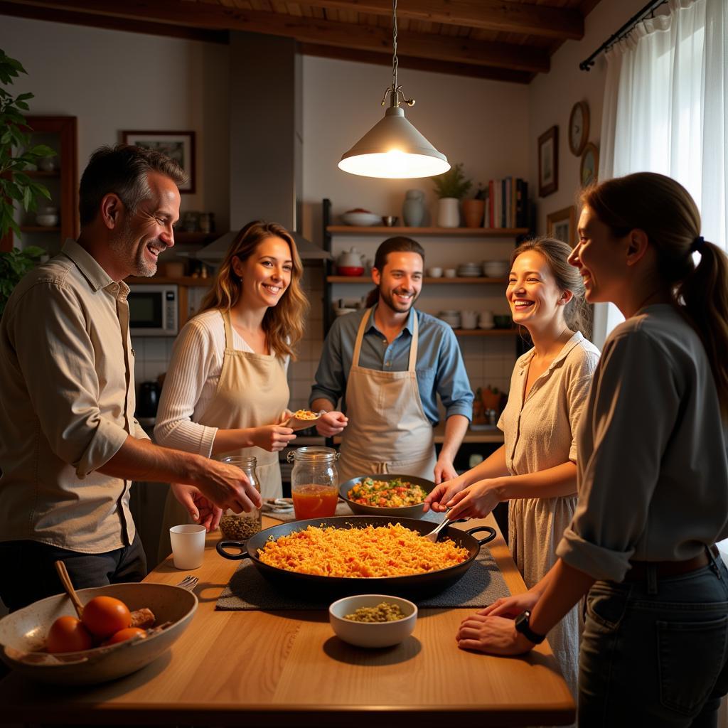 Spanish Family Preparing Paella Together During Homestay