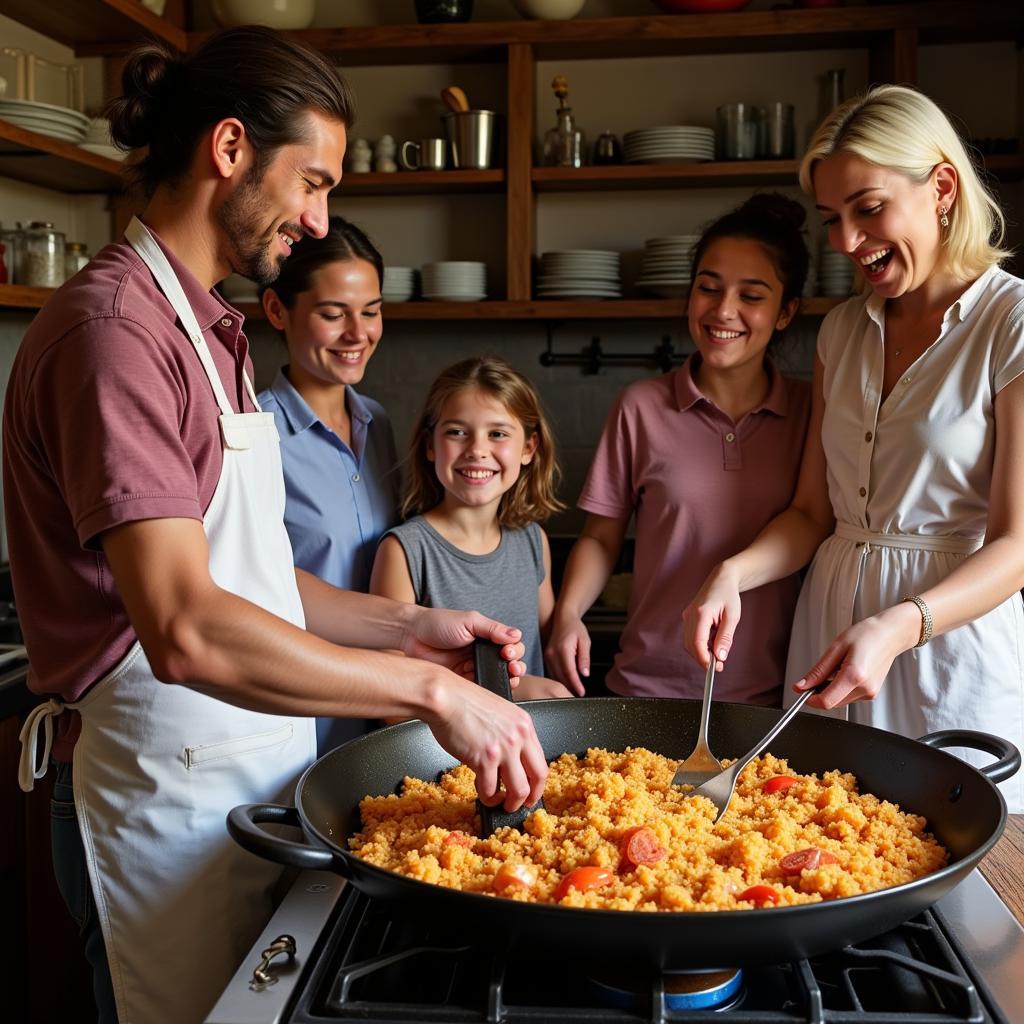 Spanish Family Preparing Paella Together