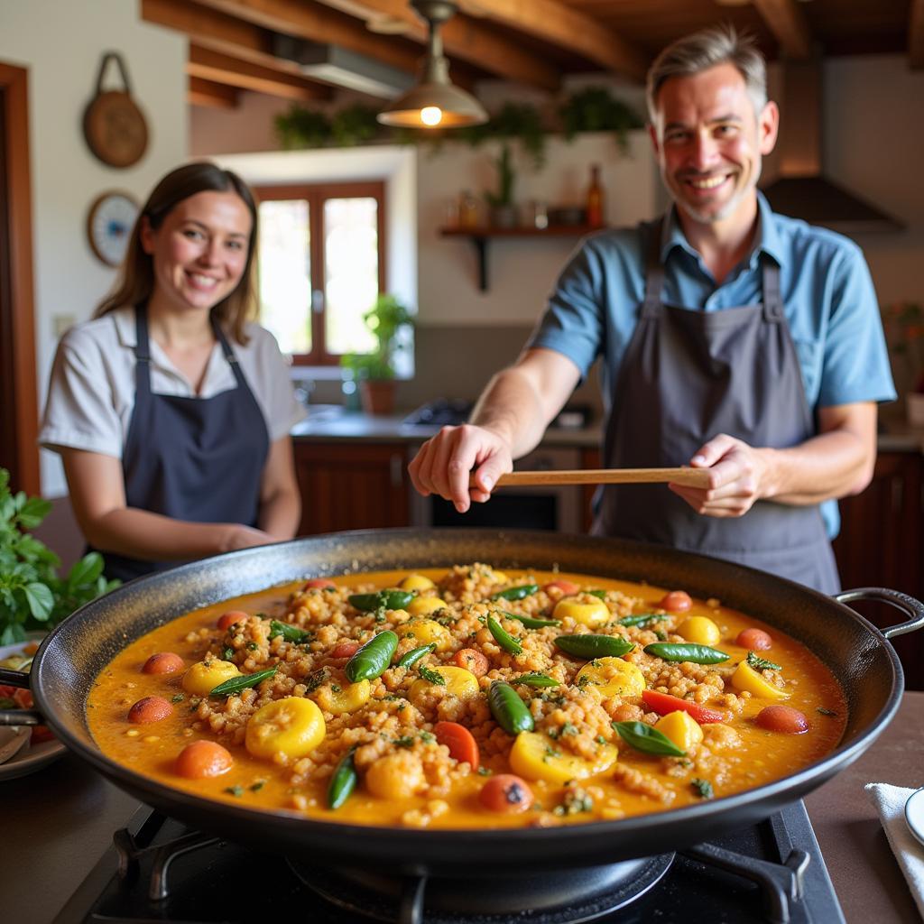 A multi-generational Spanish family smiles while preparing a large paella pan in a sunny kitchen.