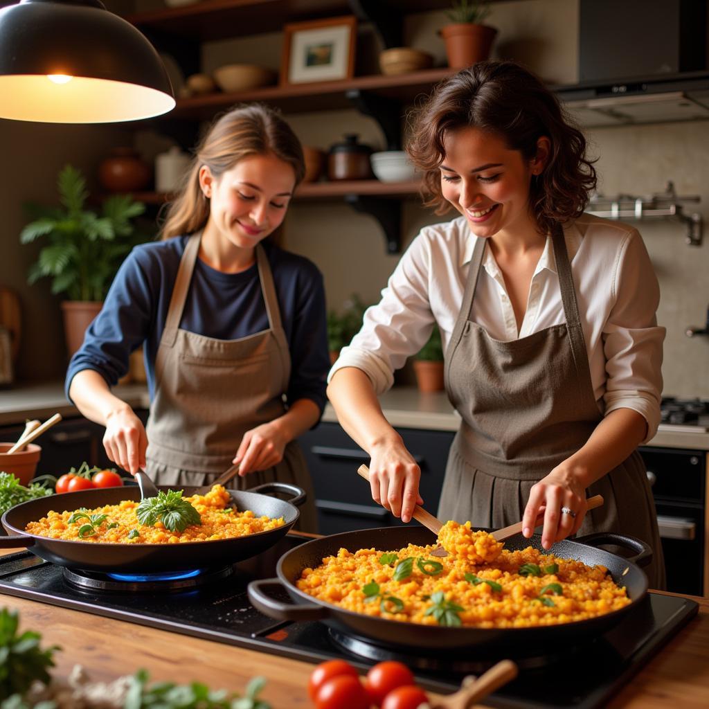 A Spanish family preparing paella together in a traditional kitchen