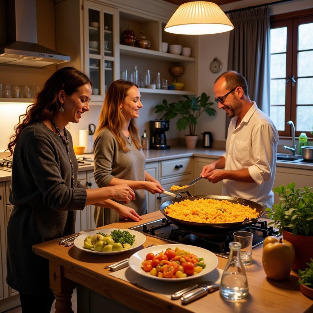 A Spanish family teaches guests how to make paella