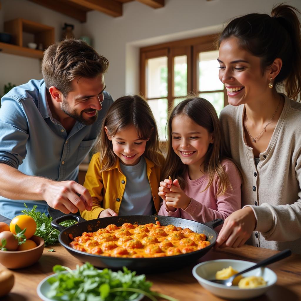 A Spanish family smiles as they prepare paella together in a sunny kitchen