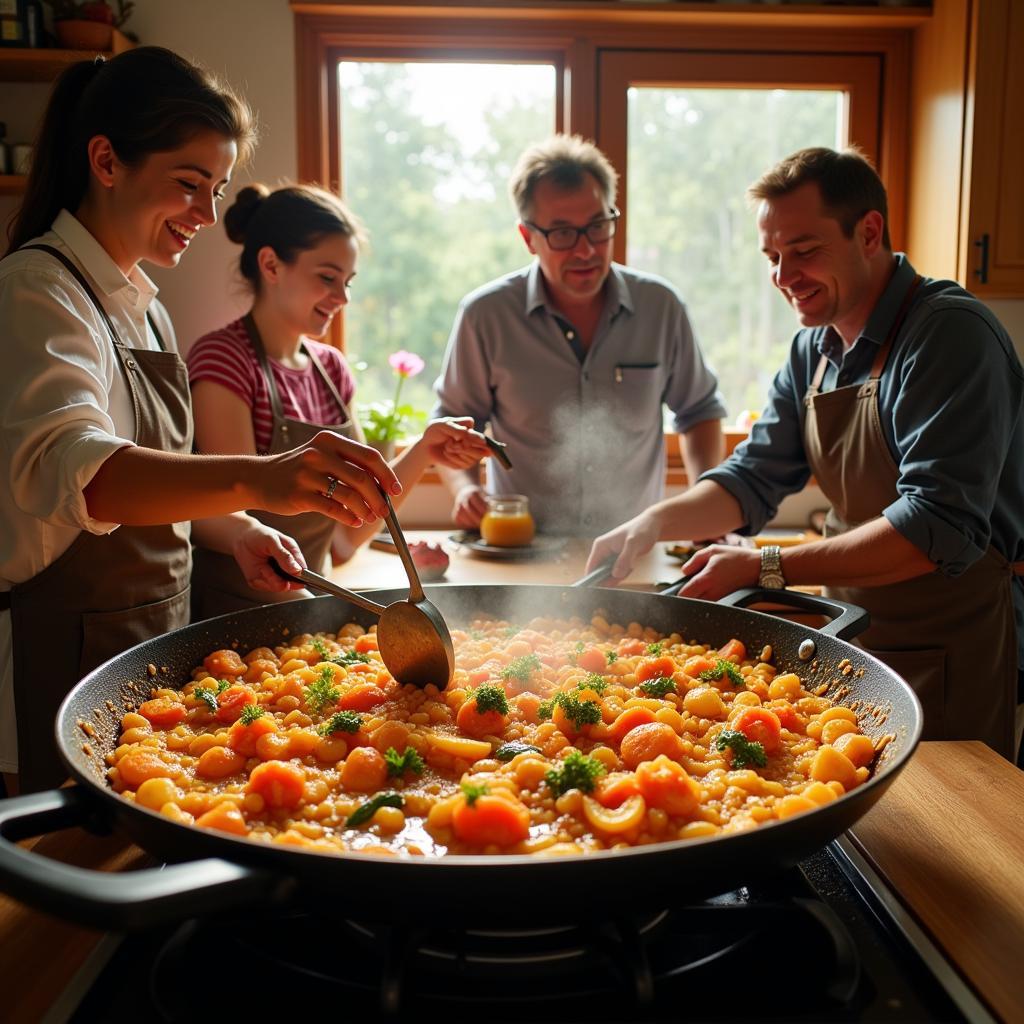 Spanish family preparing paella in a traditional kitchen