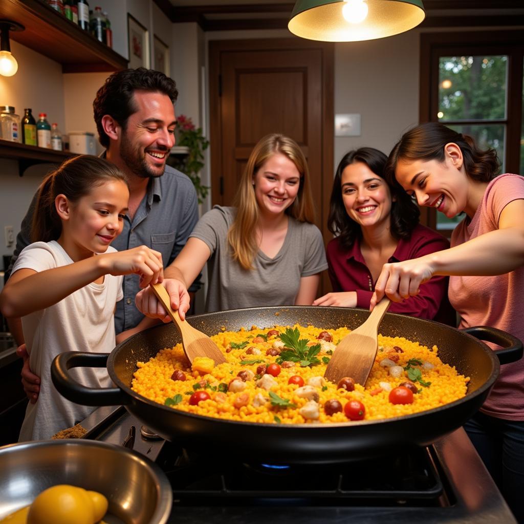 A Spanish family preparing paella together in their kitchen