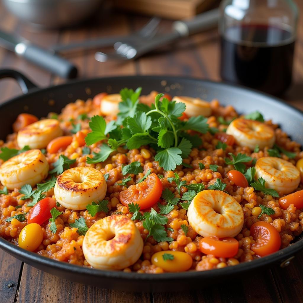 A multigenerational Spanish family smiling and laughing while preparing a traditional paella dish together in a cozy kitchen.