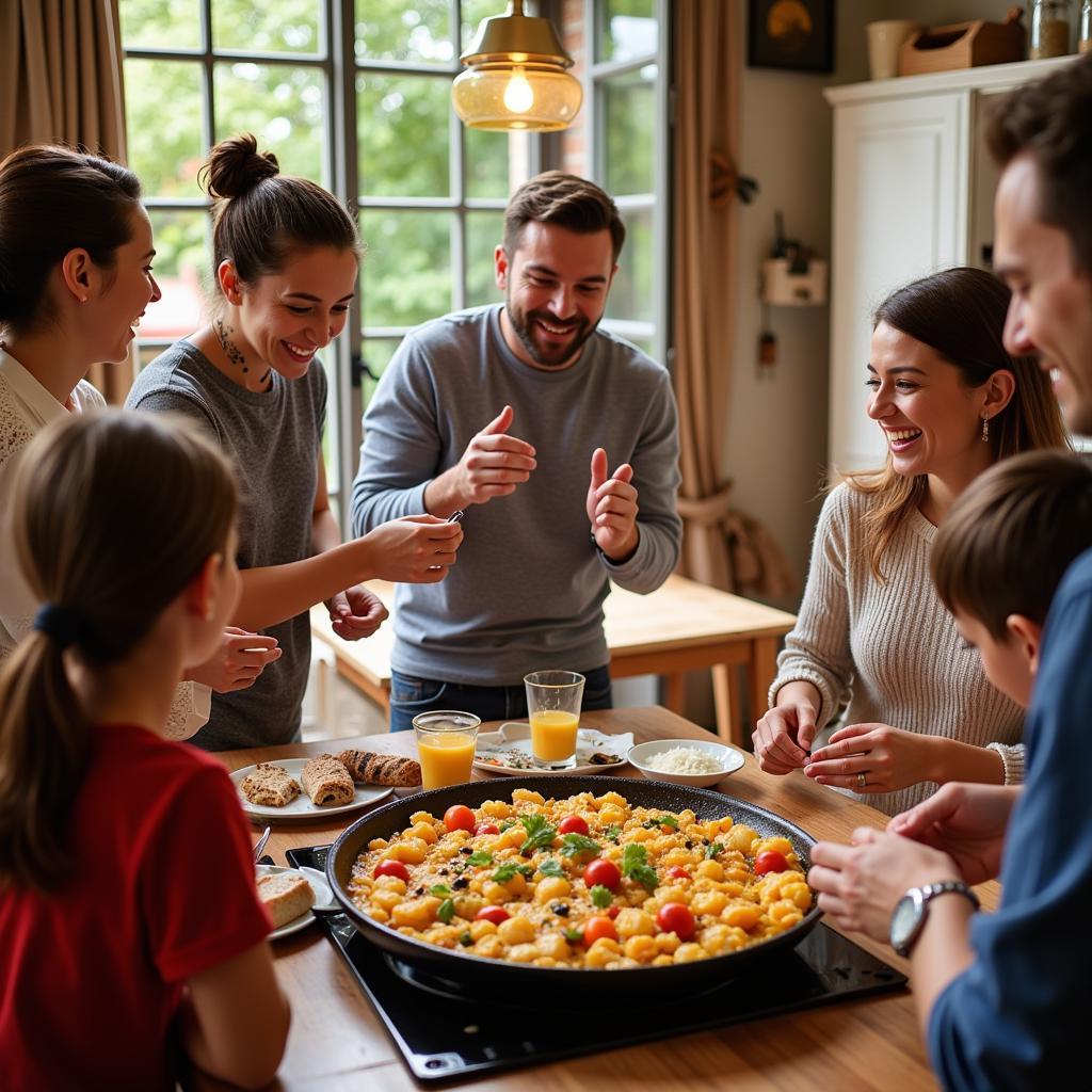 Spanish family preparing paella with guests