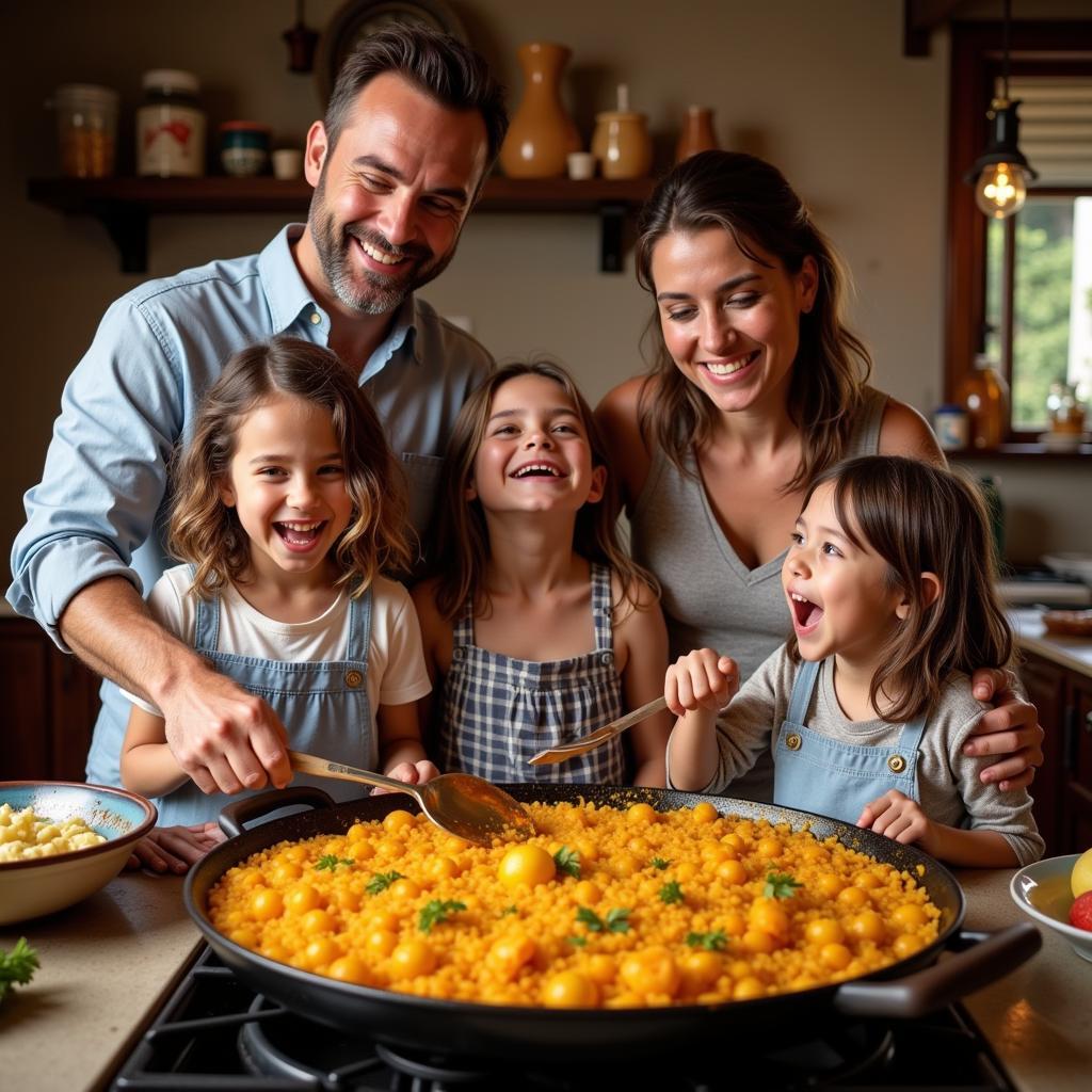 Spanish family preparing Paella together in a traditional kitchen