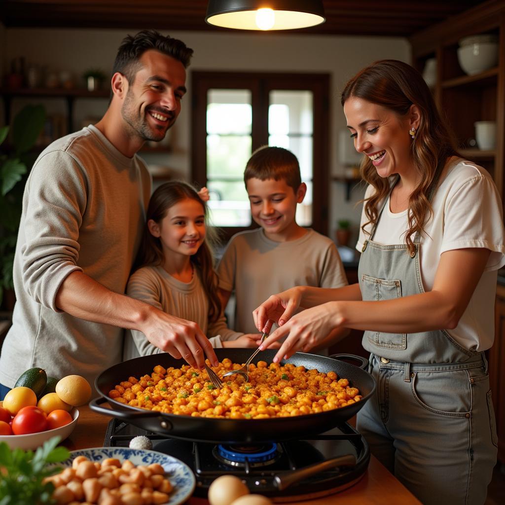 Spanish Family Preparing Paella in a Jucar Home Kitchen 