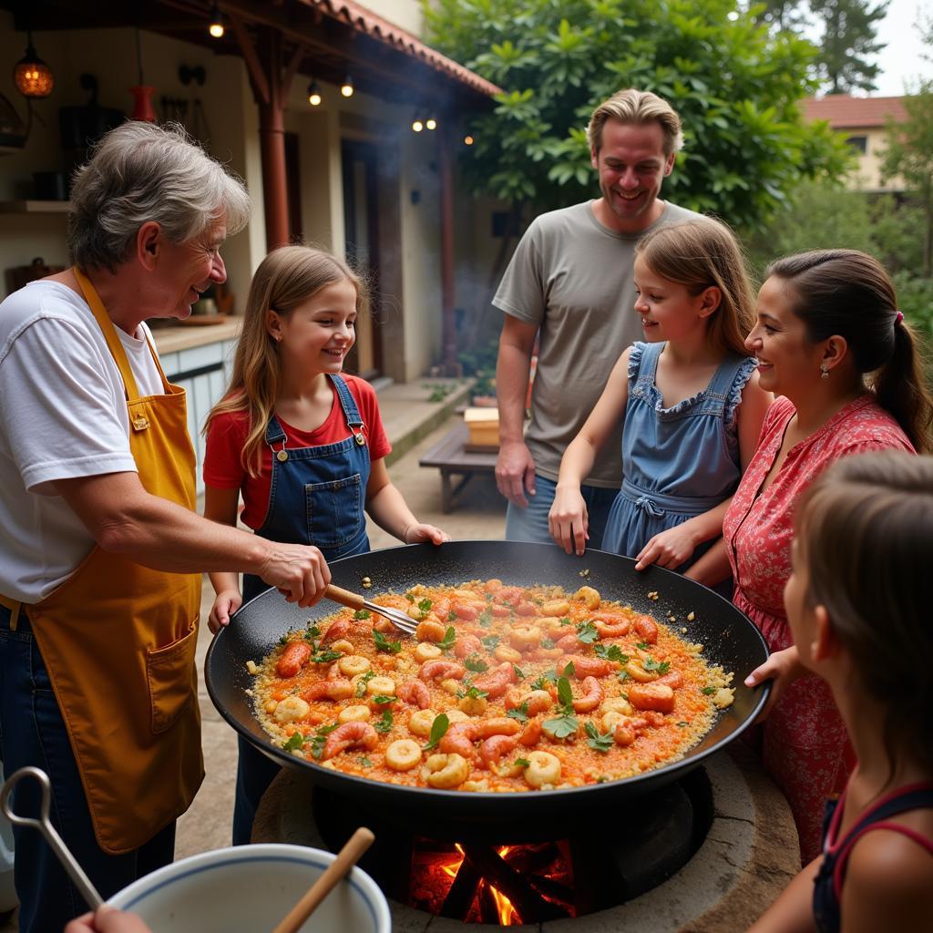 Spanish Family Preparing Paella in Outdoor Kitchen