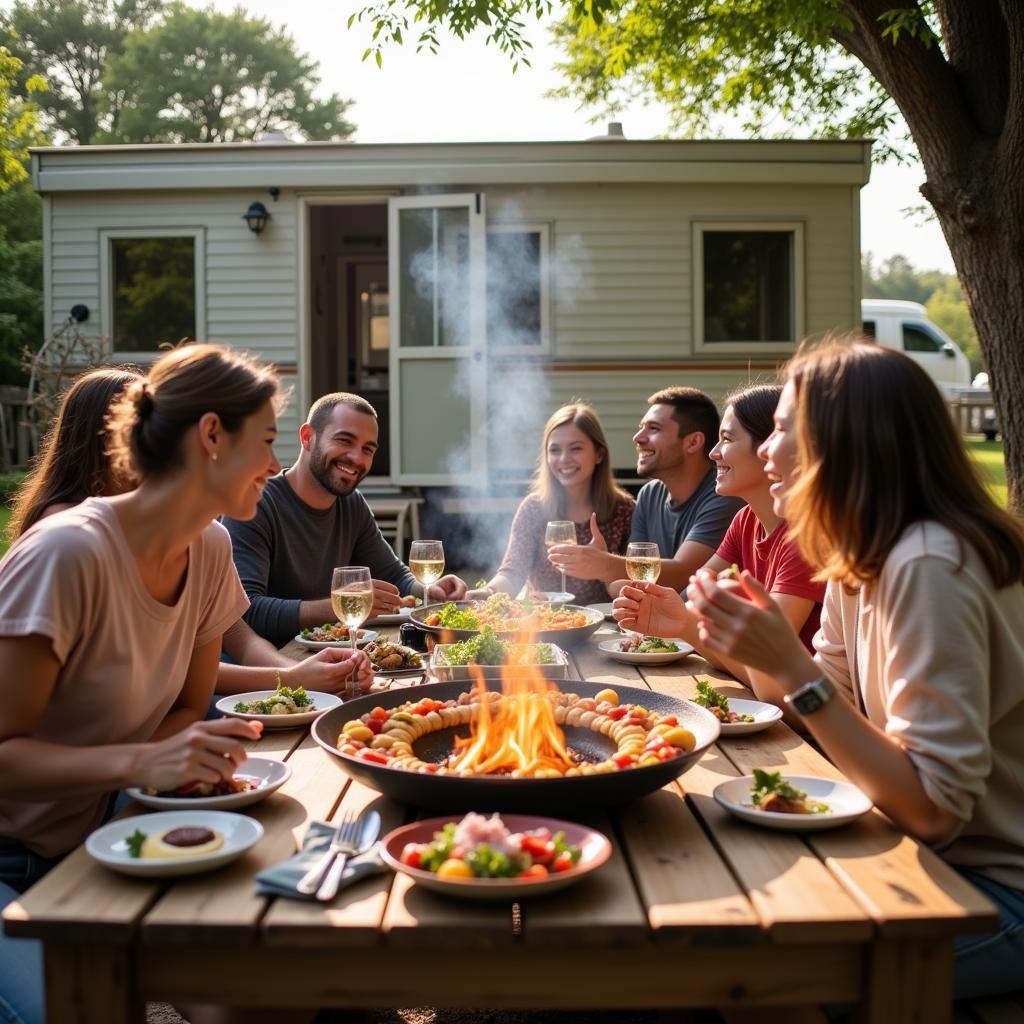 A Spanish family enjoys a paella meal in front of their Willerby mobile home