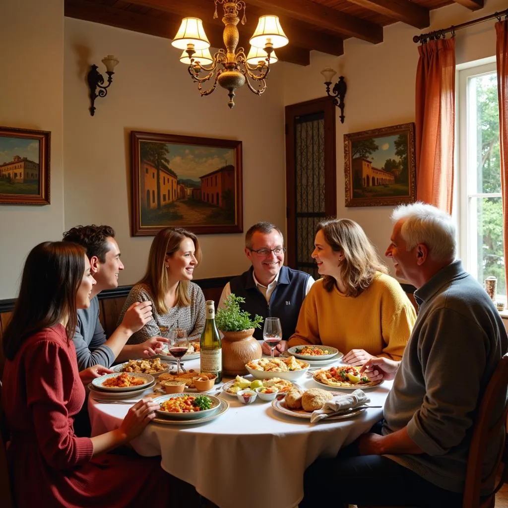 Spanish Family Sharing a Meal in a Home Adorned with Cuadros